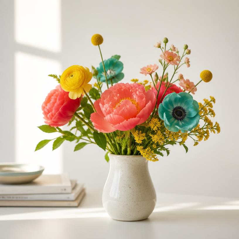 Bunter Blumenstrauß in einer hellen Vase auf einem Tisch